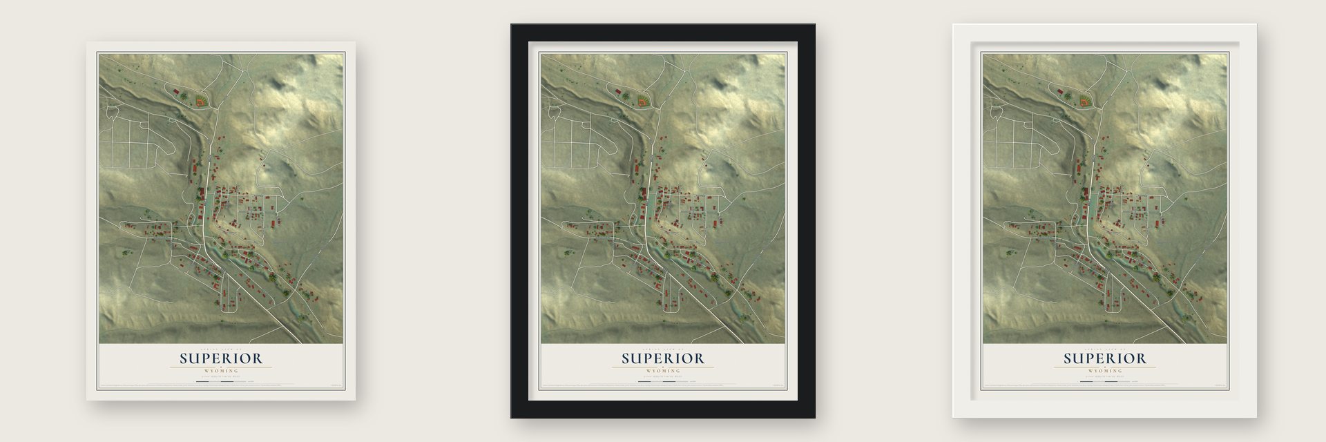 Superior, Wyoming map unframed, in a black wood frame and in a white wood frame