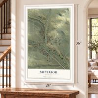 Superior, Wyoming map, 24 x 36 inch print in a white frame by a staircase