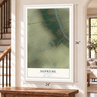 Supreme, Louisiana map, 24 x 36 inch print in a white frame by a staircase