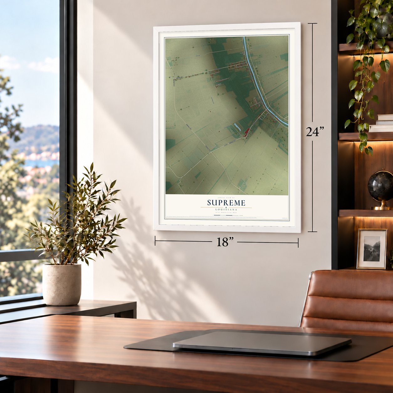 Supreme, Louisiana map, 18 x 24 inch print in a white frame in a home office