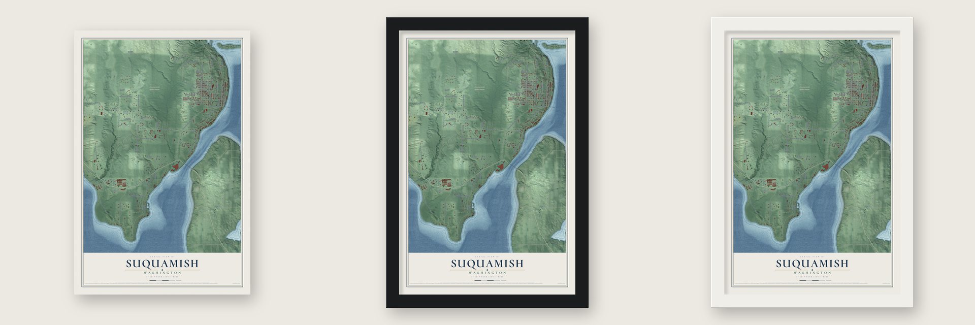 Suquamish, Washington map unframed, in a black wood frame and in a white wood frame