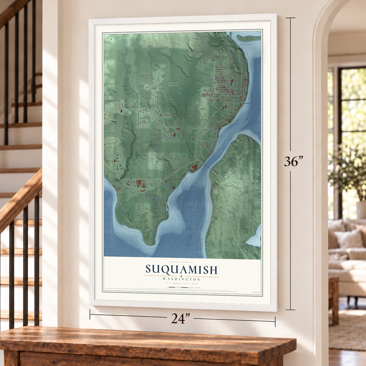 Suquamish, Washington map, 24 x 36 inch print in a white frame by a staircase