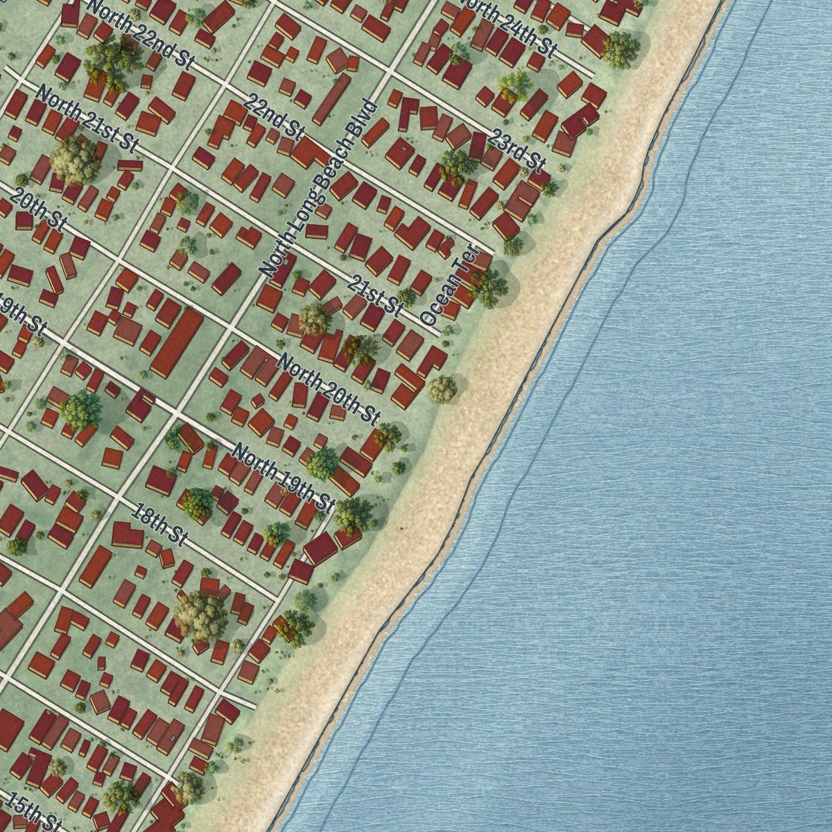 Second close-up of the map of Surf City, New Jersey print showing more streets and buildings