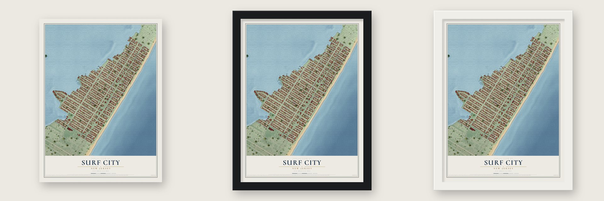 Surf City, New Jersey map unframed, in a black wood frame and in a white wood frame