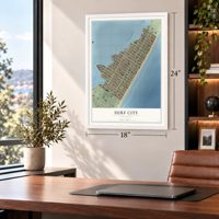 Surf City, New Jersey map, 18 x 24 inch print in a white frame in a home office