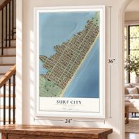Surf City, New Jersey map, 24 x 36 inch print in a white frame by a staircase