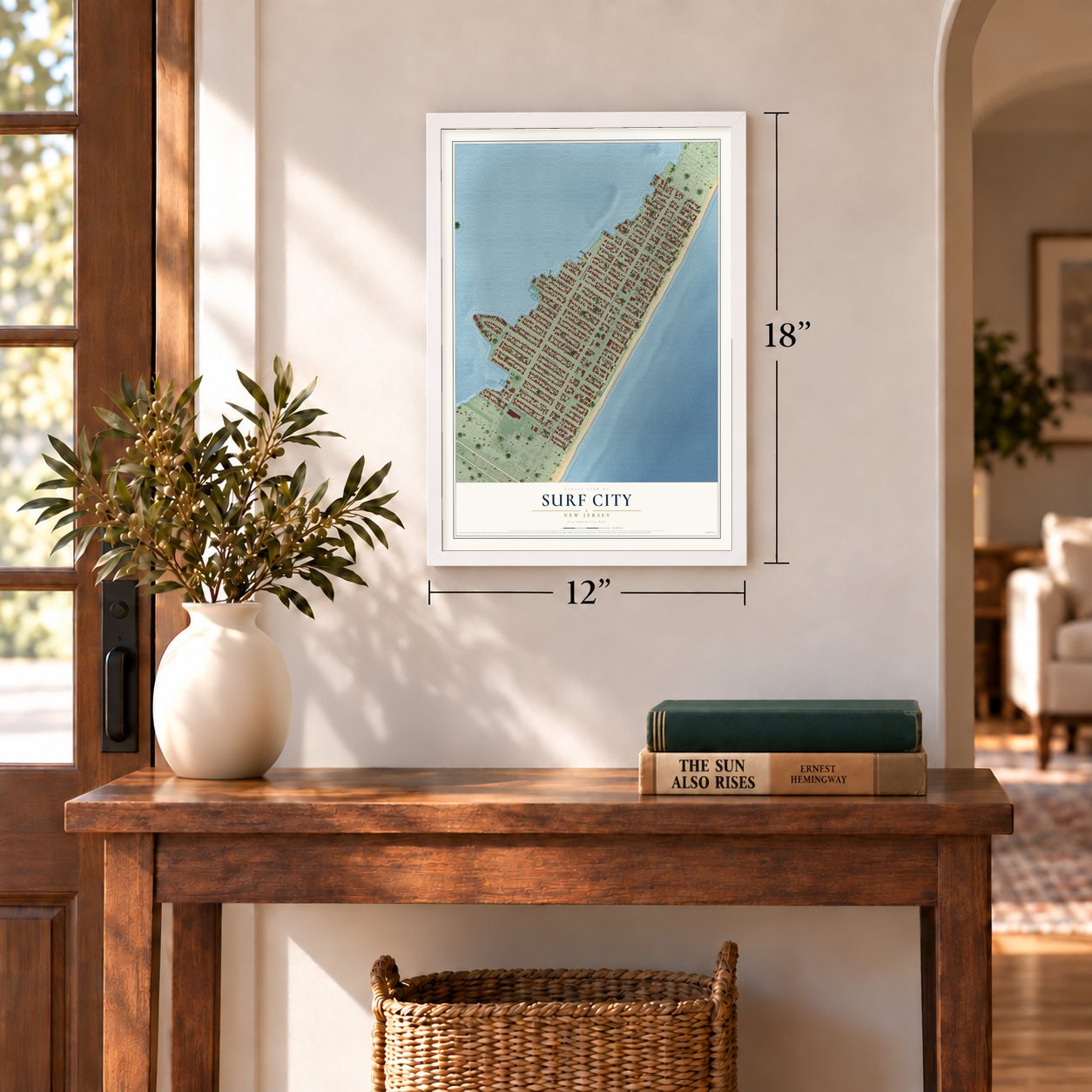 Surf City, New Jersey map, 12 x 18 inch print in a white frame in an entryway