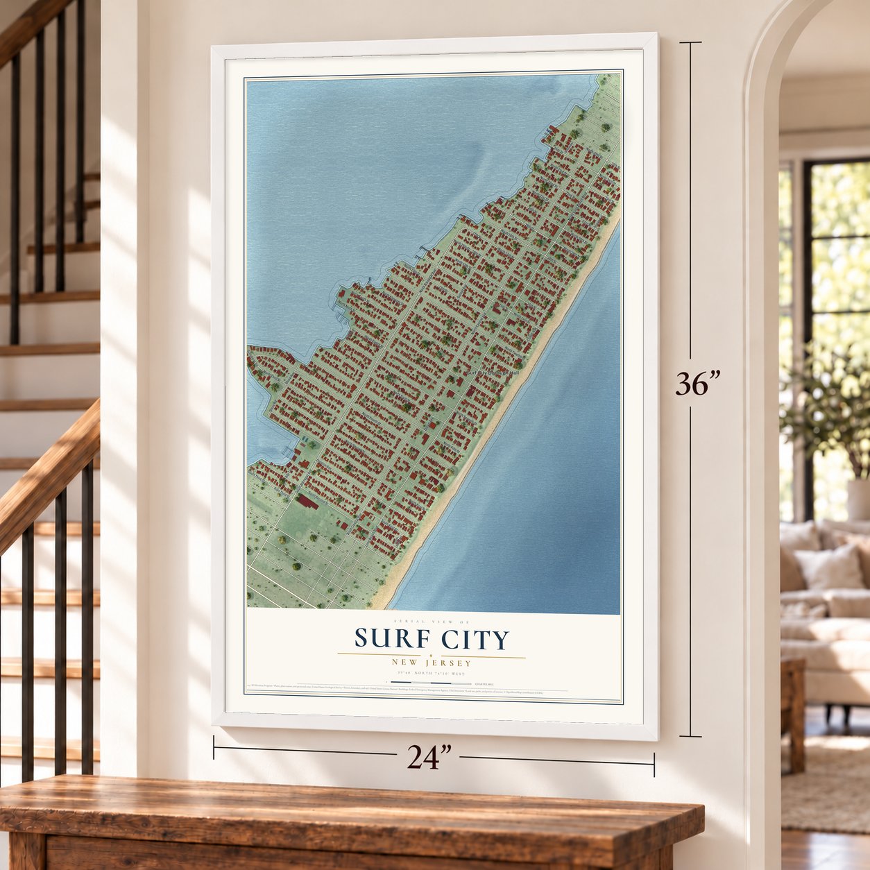 Surf City, New Jersey map, 24 x 36 inch print in a white frame by a staircase