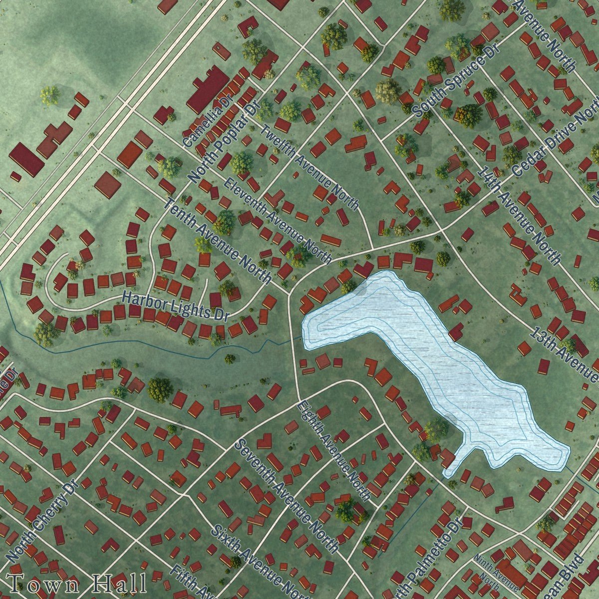 Second close-up of the map of Surfside Beach, South Carolina print showing more streets and buildings