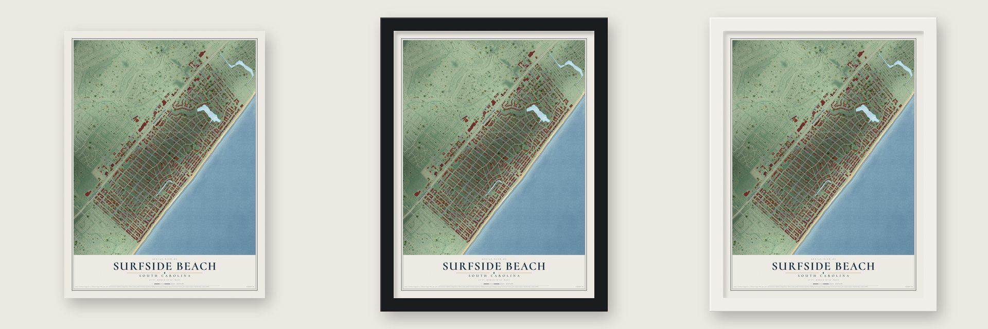 Surfside Beach, South Carolina map unframed, in a black wood frame and in a white wood frame