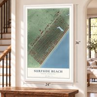 Surfside Beach, South Carolina map, 24 x 36 inch print in a white frame by a staircase