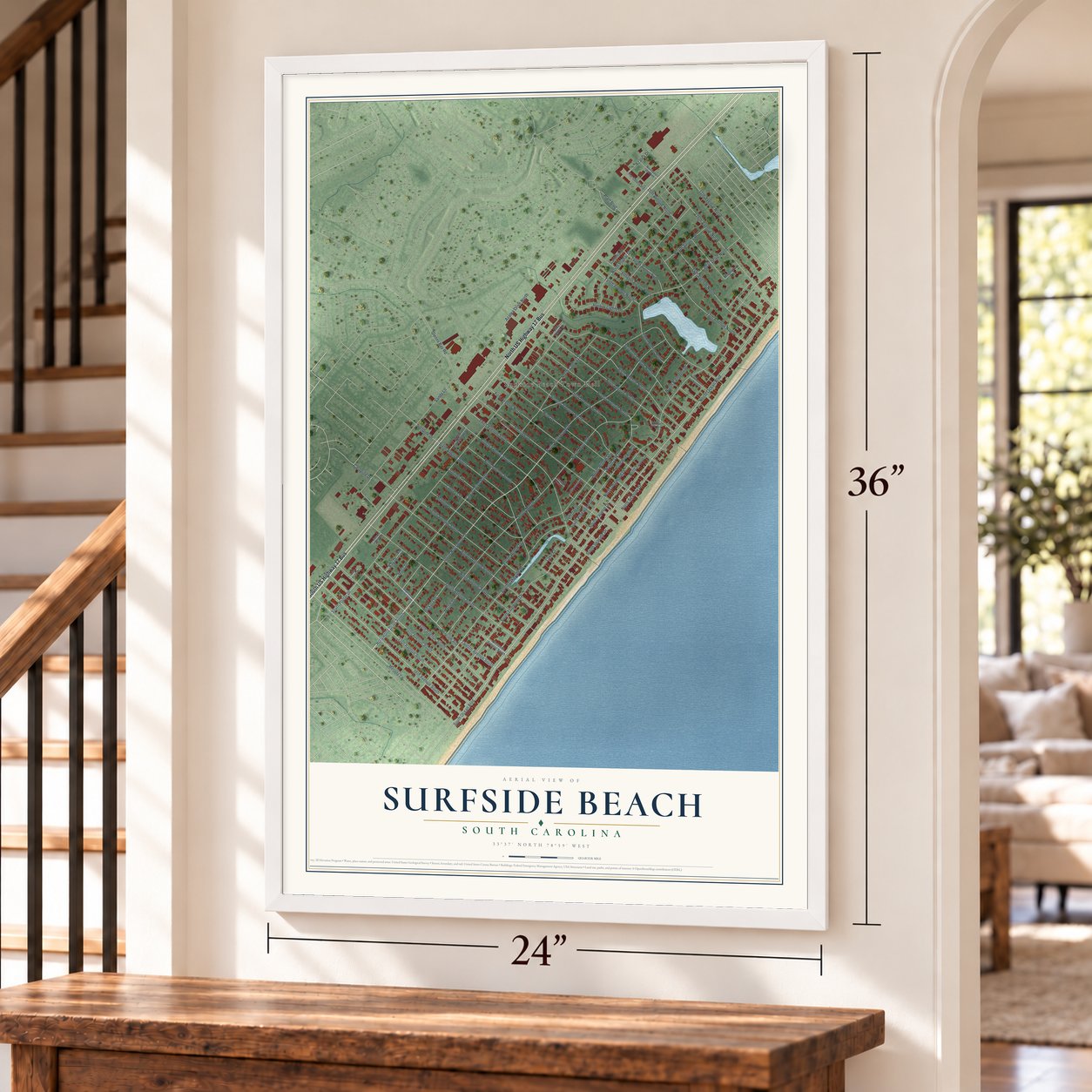 Surfside Beach, South Carolina map, 24 x 36 inch print in a white frame by a staircase