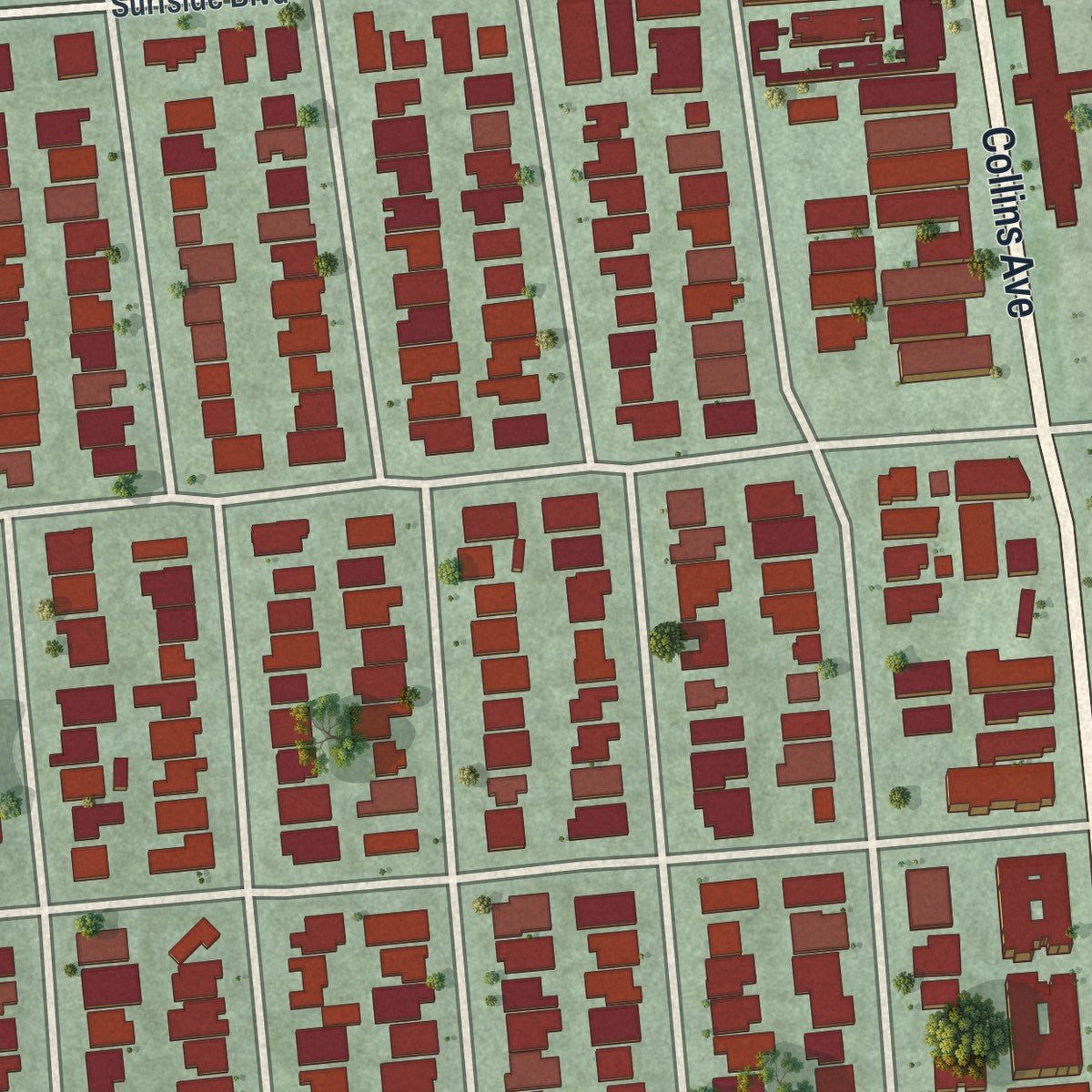 Second close-up of the map of Surfside, Florida print showing more streets and buildings