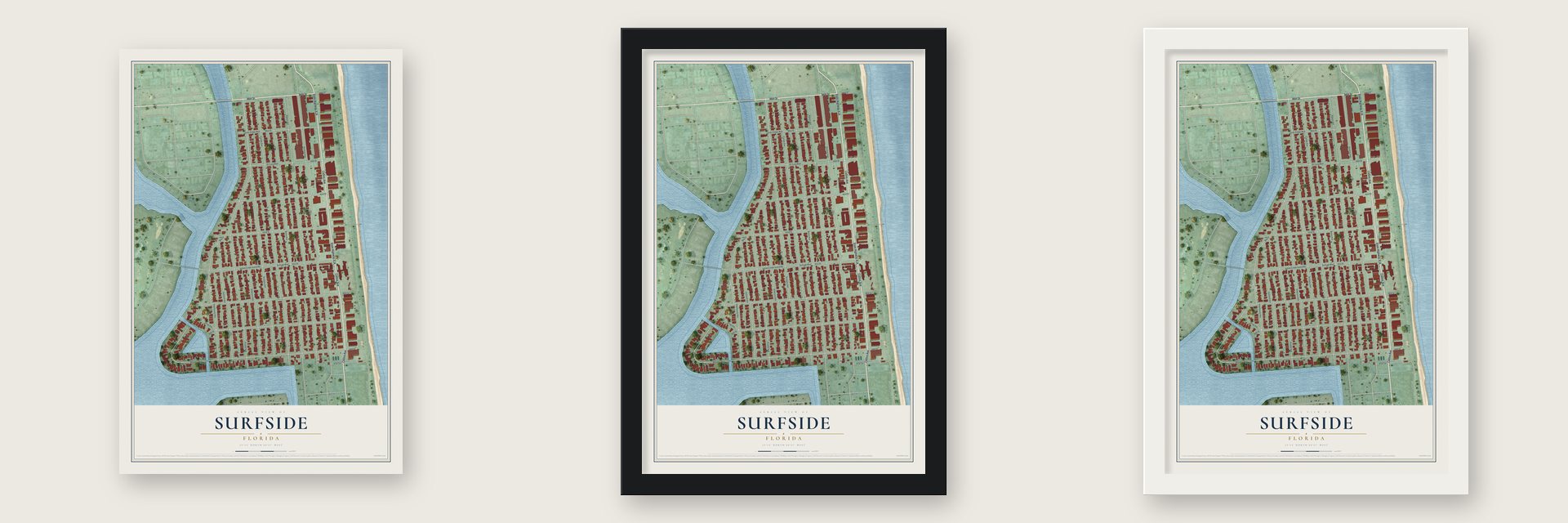 Surfside, Florida map unframed, in a black wood frame and in a white wood frame