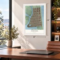 Surfside, Florida map, 18 x 24 inch print in a white frame in a home office