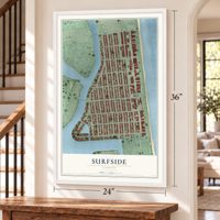 Surfside, Florida map, 24 x 36 inch print in a white frame by a staircase