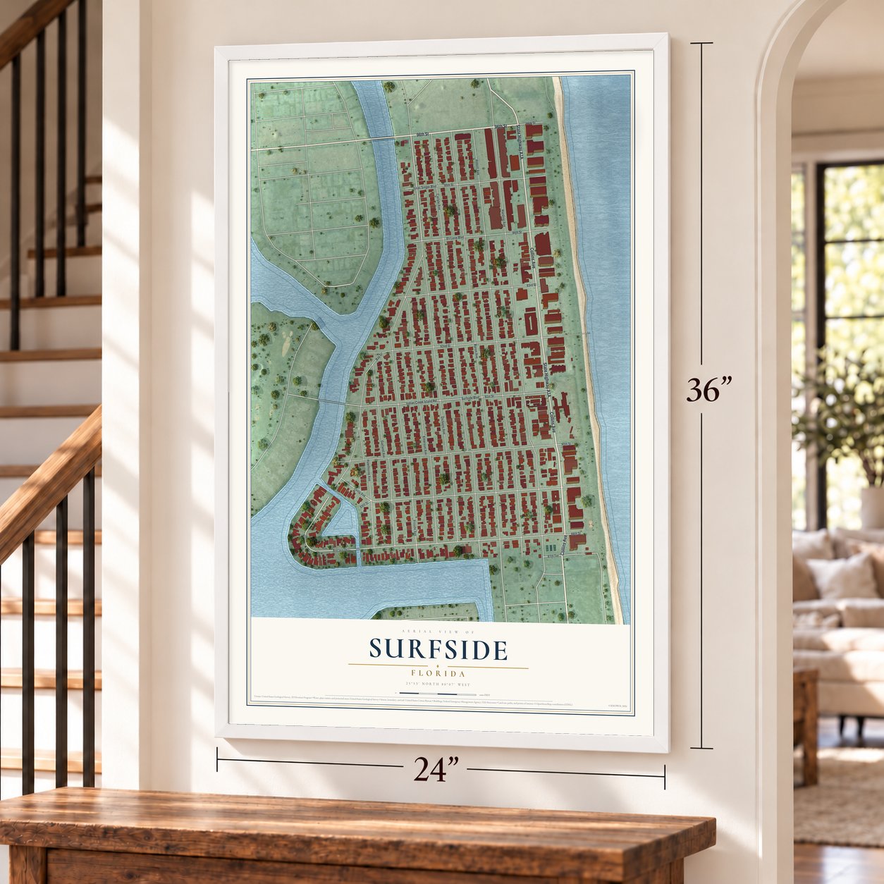 Surfside, Florida map, 24 x 36 inch print in a white frame by a staircase