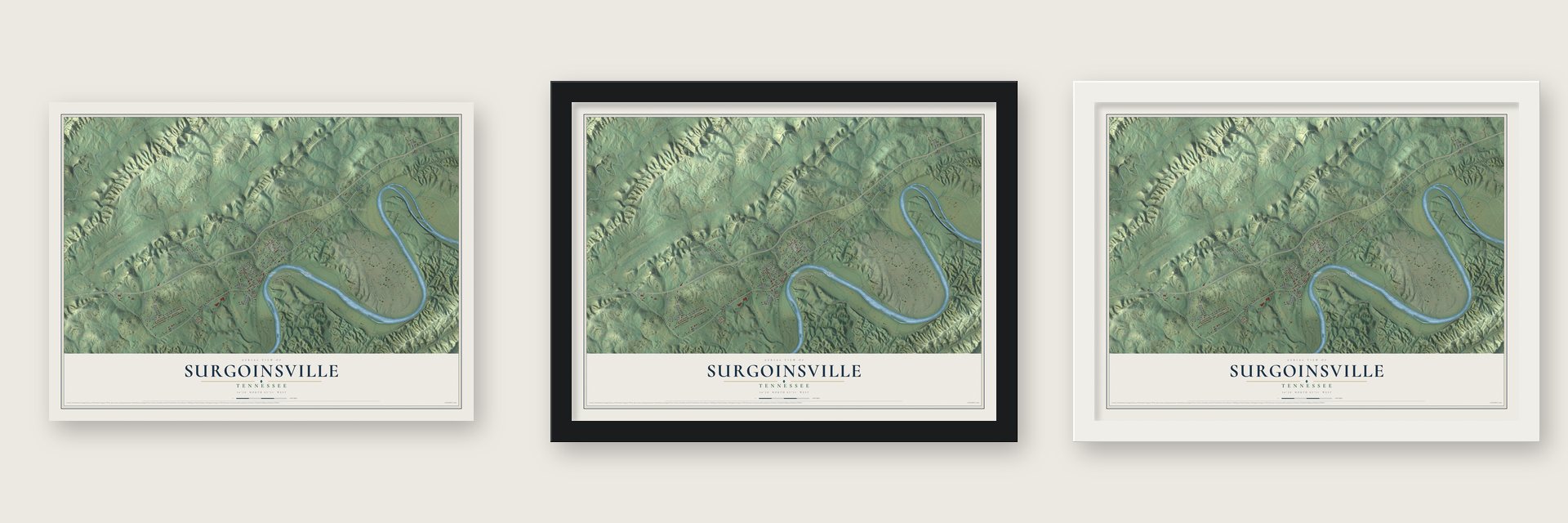 Surgoinsville, Tennessee map unframed, in a black wood frame and in a white wood frame