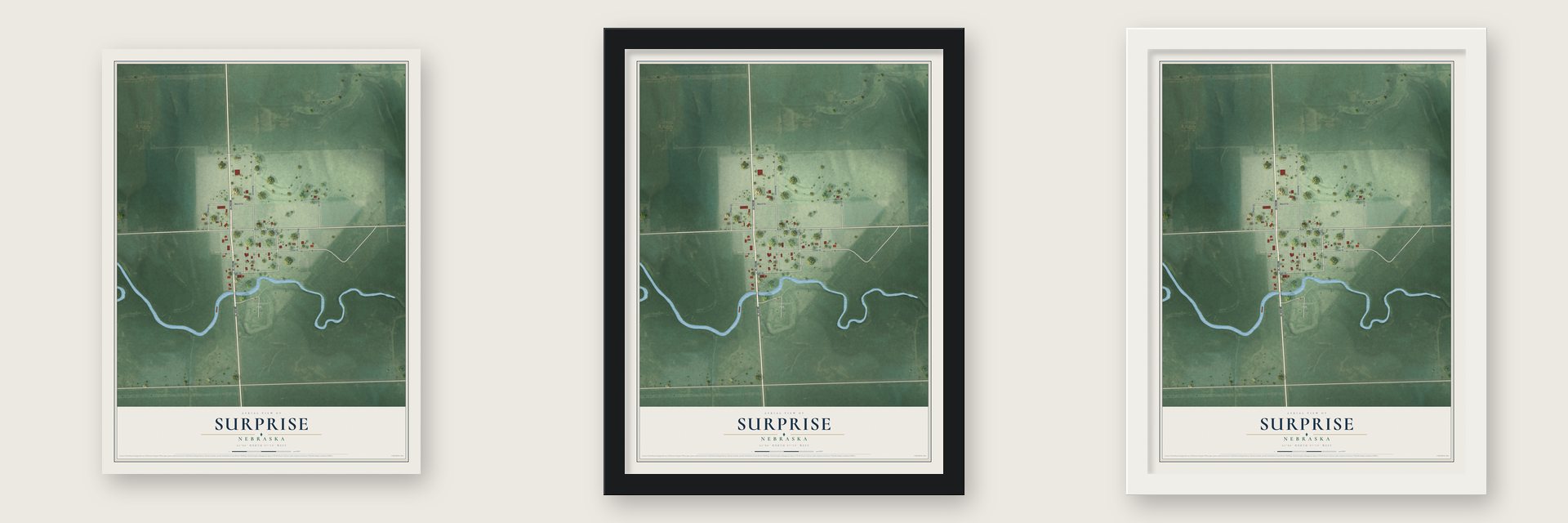 Surprise, Nebraska map unframed, in a black wood frame and in a white wood frame