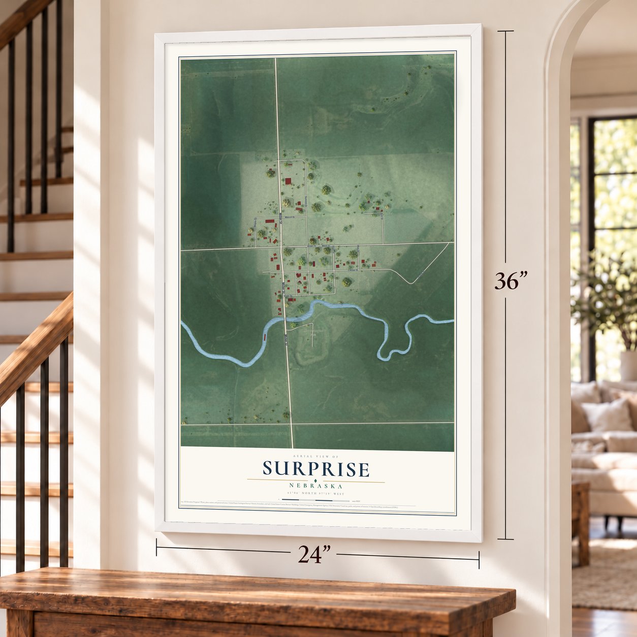 Surprise, Nebraska map, 24 x 36 inch print in a white frame by a staircase
