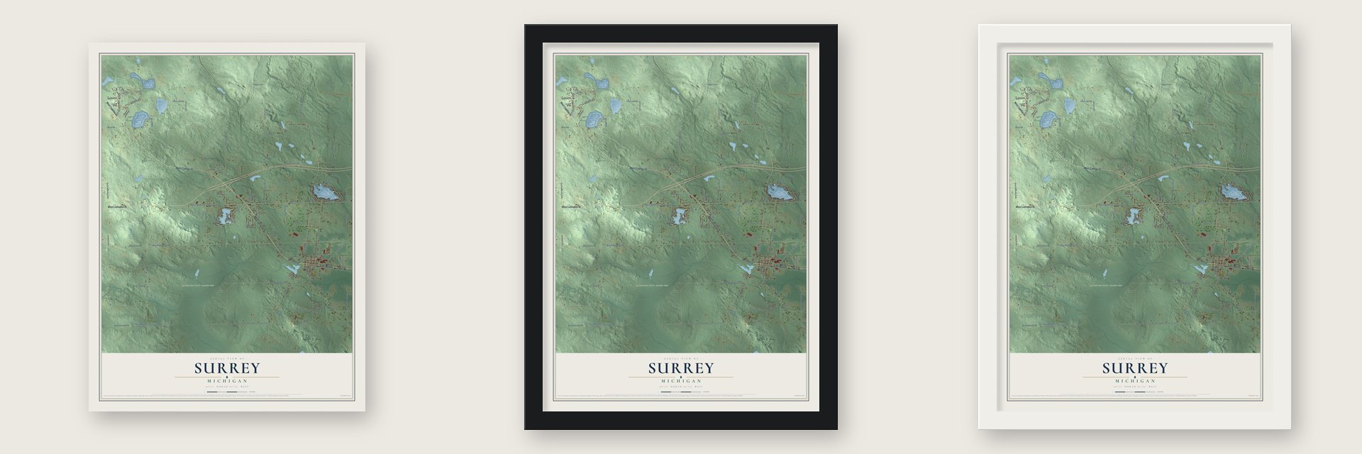 Surrey, Michigan map unframed, in a black wood frame and in a white wood frame