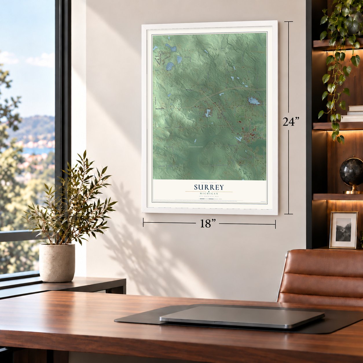 Surrey, Michigan map, 18 x 24 inch print in a white frame in a home office