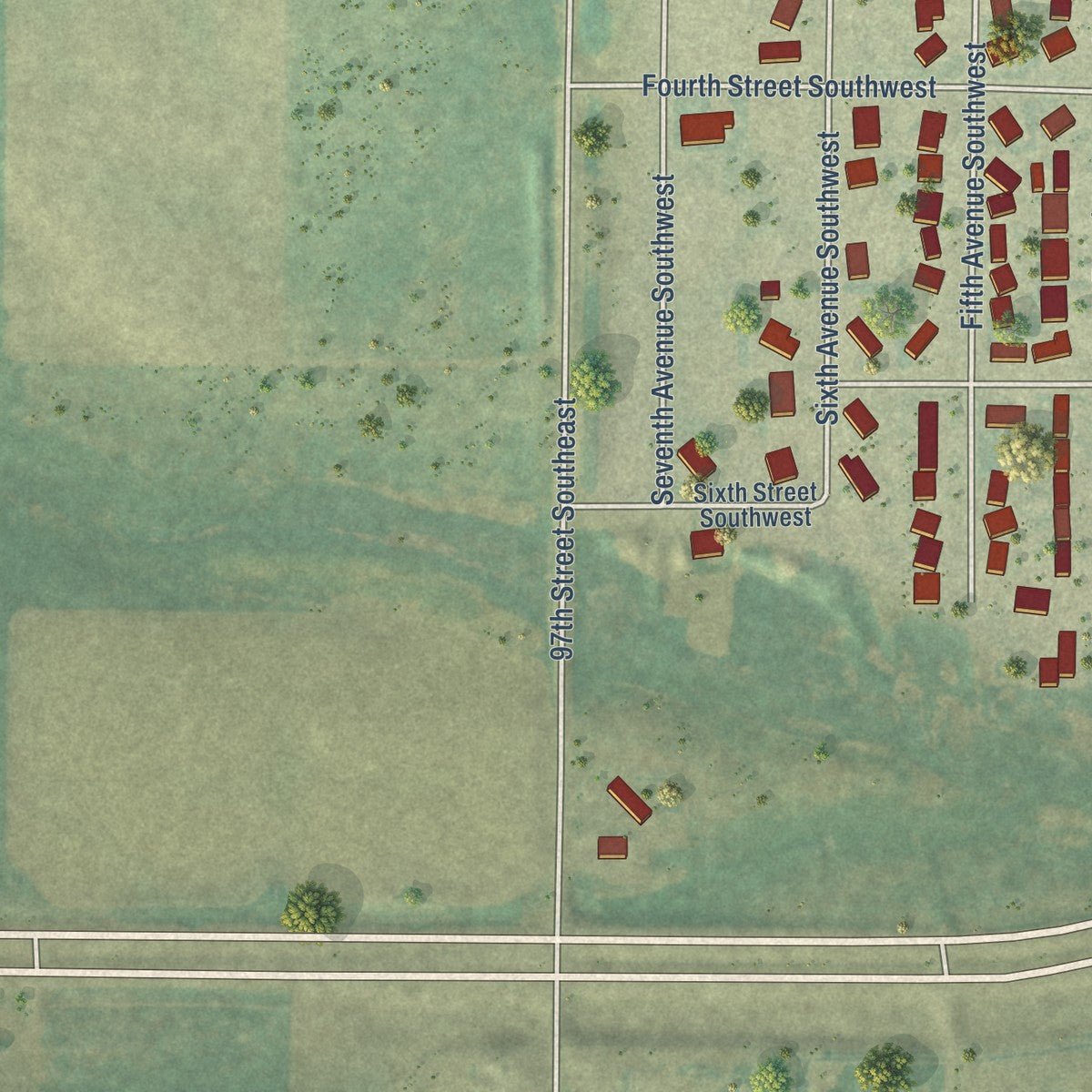 Second close-up of the map of Surrey, North Dakota print showing more streets and buildings