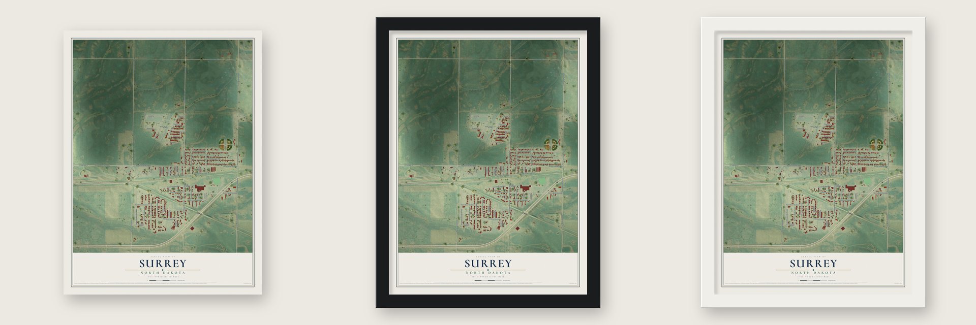 Surrey, North Dakota map unframed, in a black wood frame and in a white wood frame