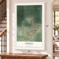 Surrey, North Dakota map, 24 x 36 inch print in a white frame by a staircase