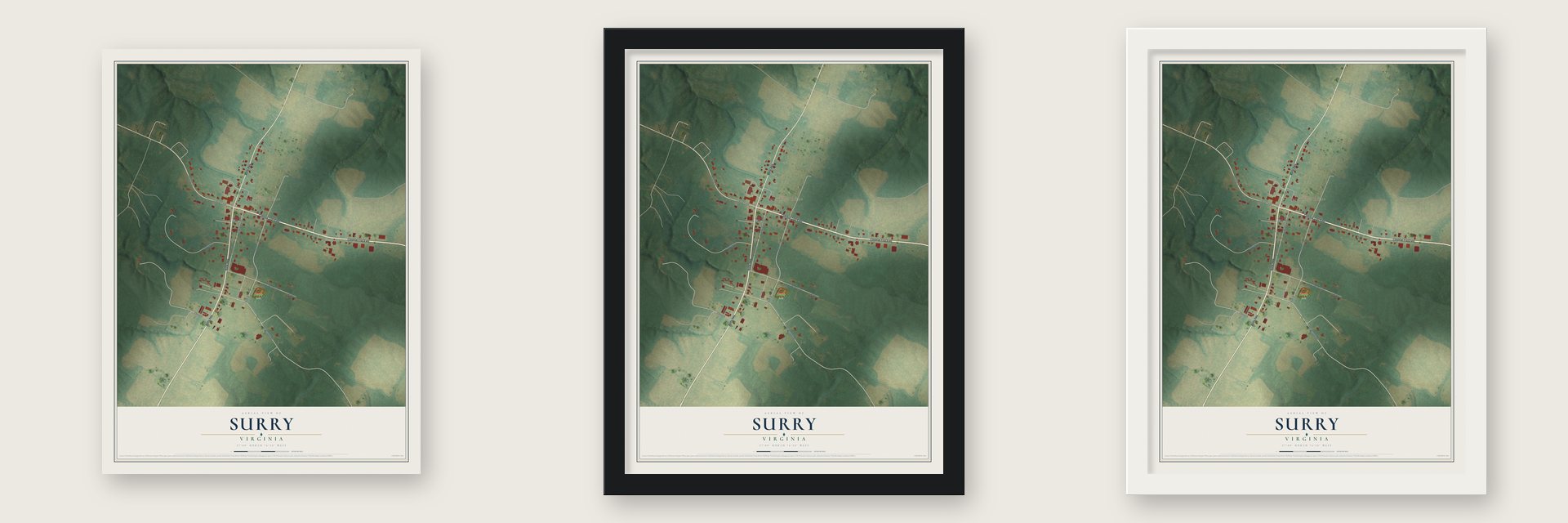 Surry, Virginia map unframed, in a black wood frame and in a white wood frame