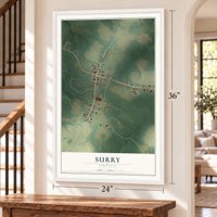 Surry, Virginia map, 24 x 36 inch print in a white frame by a staircase