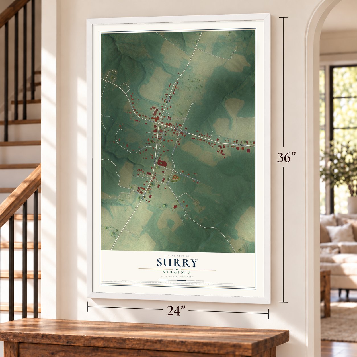 Surry, Virginia map, 24 x 36 inch print in a white frame by a staircase