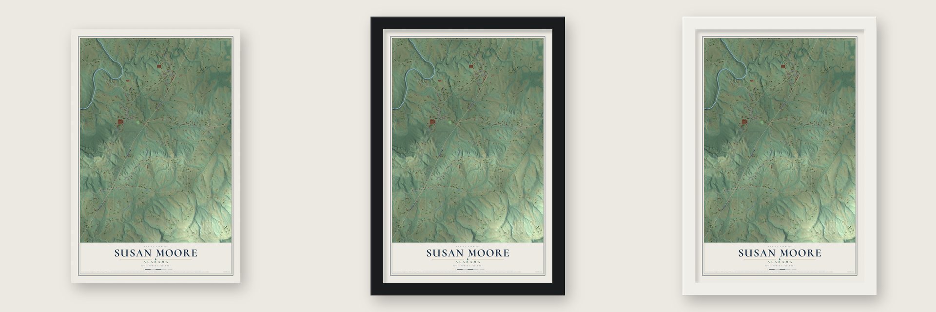 Susan Moore, Alabama map unframed, in a black wood frame and in a white wood frame