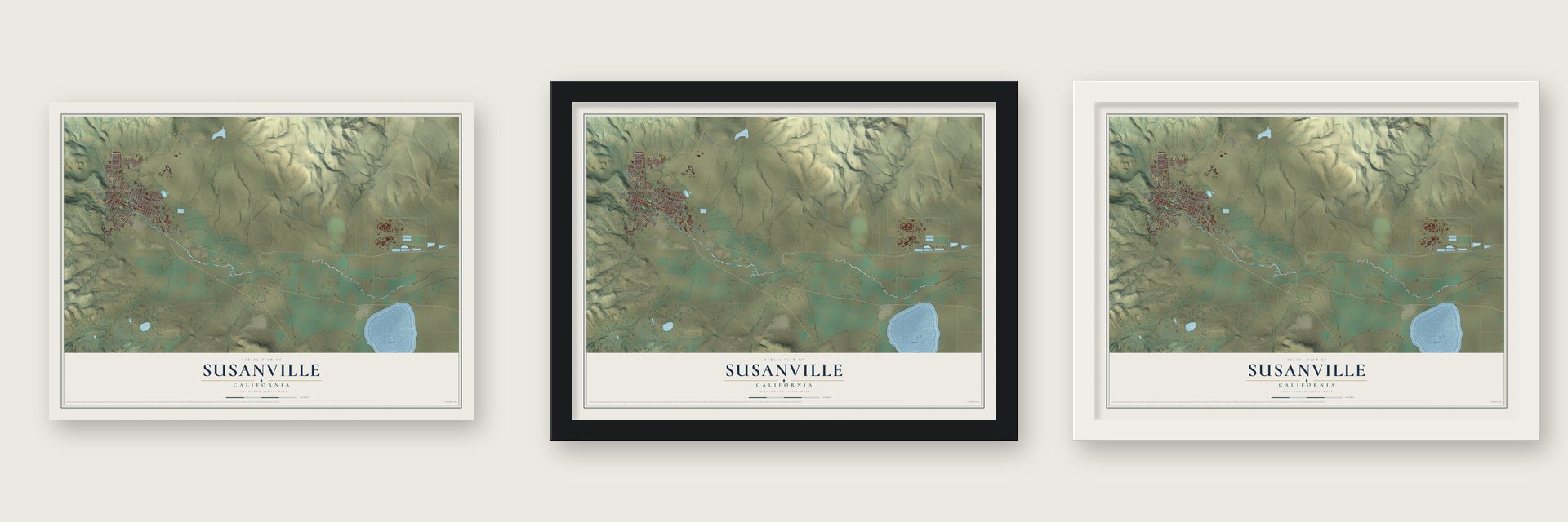 Susanville, California map unframed, in a black wood frame and in a white wood frame