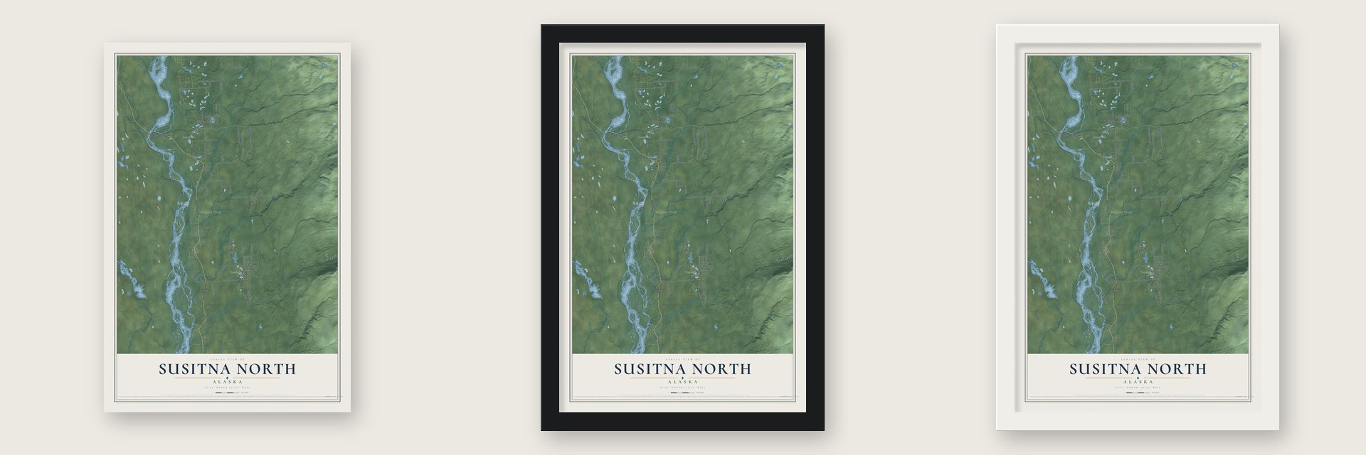 Susitna North, Alaska map unframed, in a black wood frame and in a white wood frame