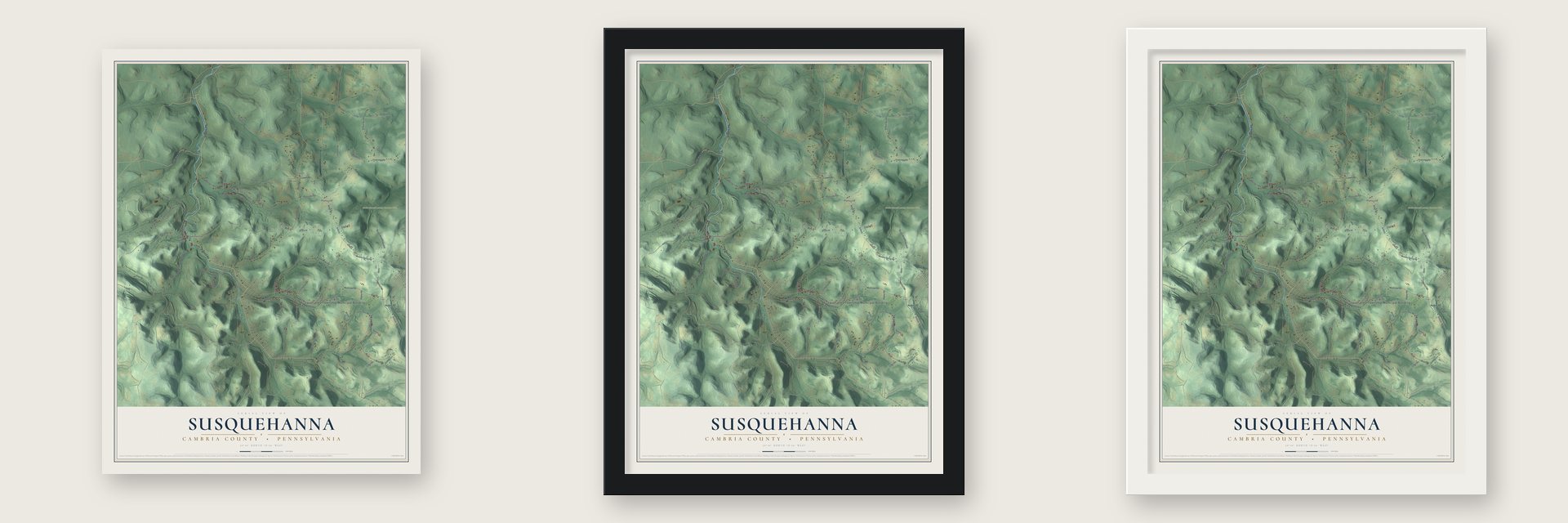 Susquehanna, Cambria County, Pennsylvania map unframed, in a black wood frame and in a white wood frame