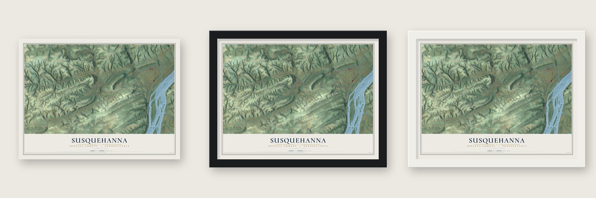 Susquehanna, Juniata County, Pennsylvania map unframed, in a black wood frame and in a white wood frame