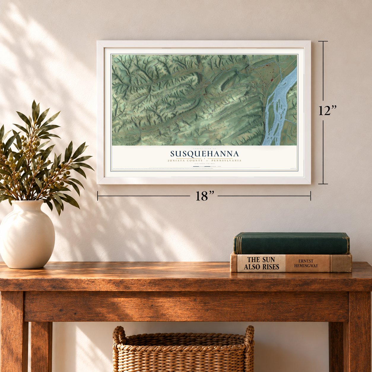 Susquehanna, Juniata County, Pennsylvania map, 12 x 18 inch print in a white frame in an entryway