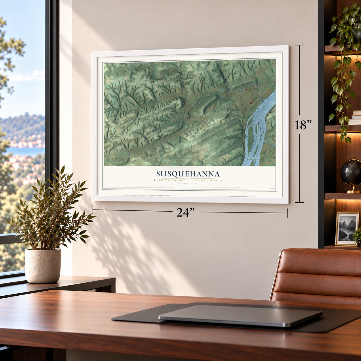 Susquehanna, Juniata County, Pennsylvania map, 18 x 24 inch print in a white frame in a home office