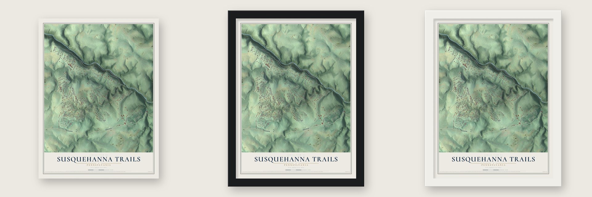 Susquehanna Trails, Pennsylvania map unframed, in a black wood frame and in a white wood frame