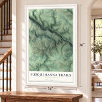 Susquehanna Trails, Pennsylvania map, 24 x 36 inch print in a white frame by a staircase