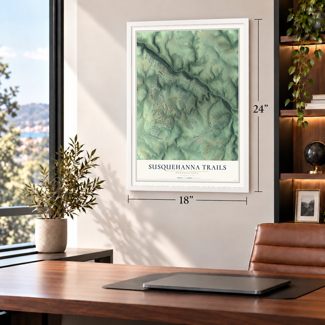 Susquehanna Trails, Pennsylvania map, 18 x 24 inch print in a white frame in a home office