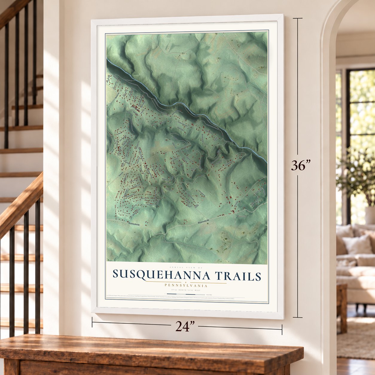 Susquehanna Trails, Pennsylvania map, 24 x 36 inch print in a white frame by a staircase