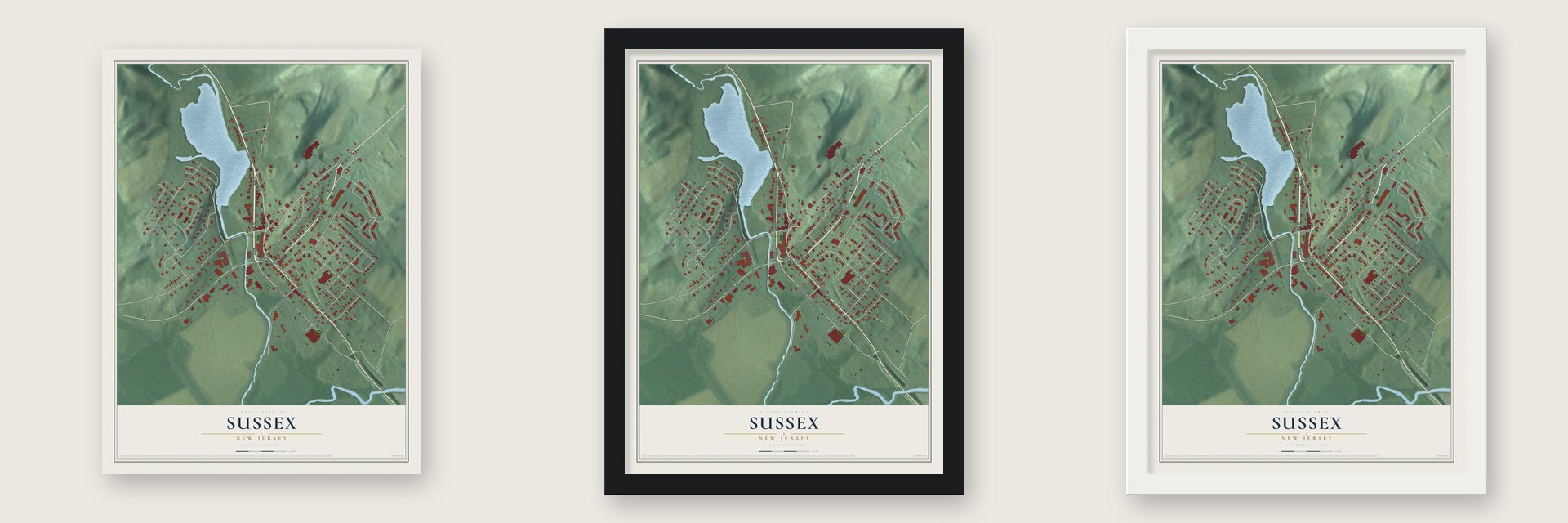 Sussex, New Jersey map unframed, in a black wood frame and in a white wood frame
