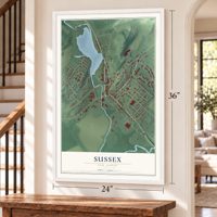 Sussex, New Jersey map, 24 x 36 inch print in a white frame by a staircase