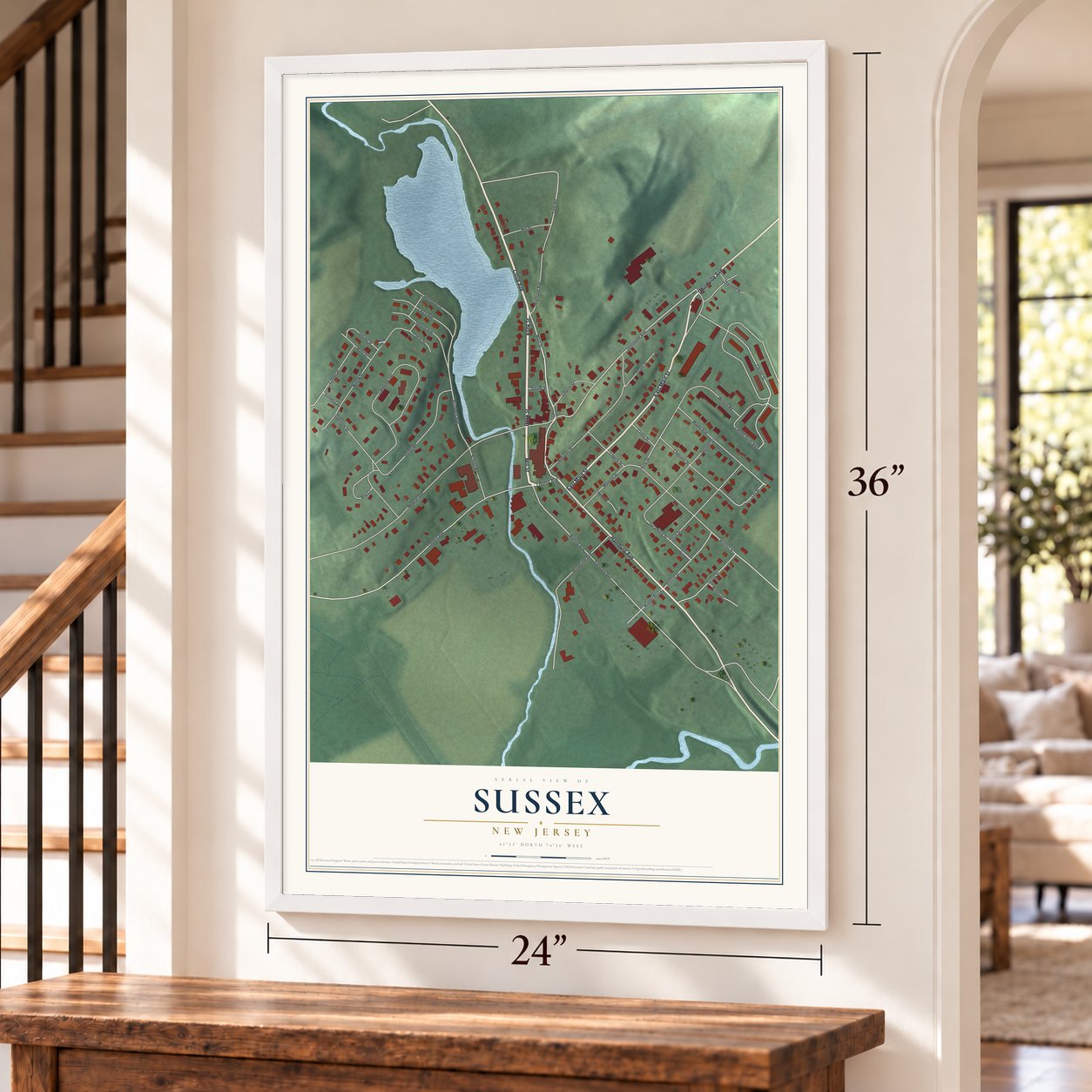 Sussex, New Jersey map, 24 x 36 inch print in a white frame by a staircase