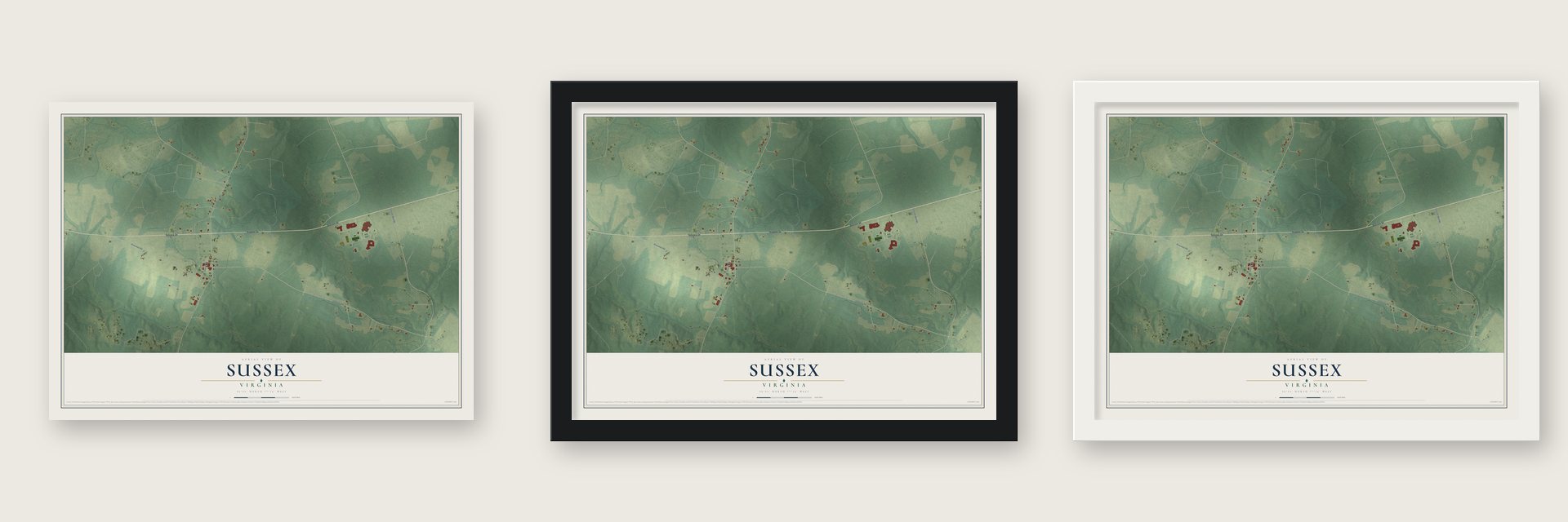 Sussex, Virginia map unframed, in a black wood frame and in a white wood frame