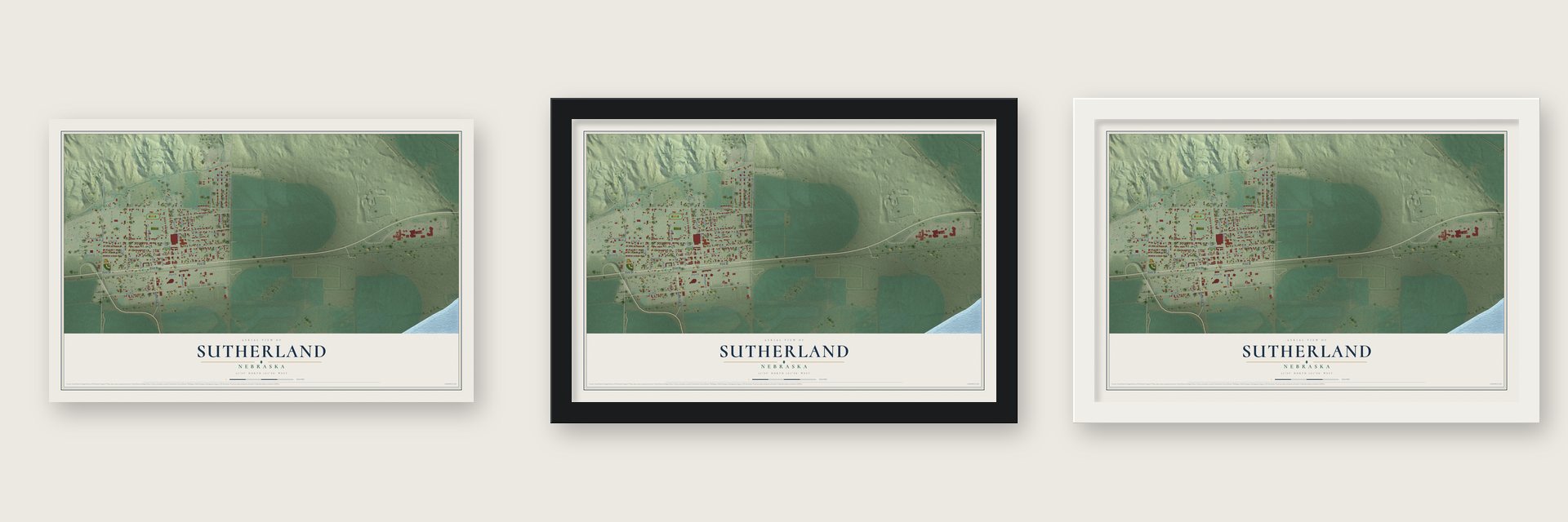 Sutherland, Nebraska map unframed, in a black wood frame and in a white wood frame