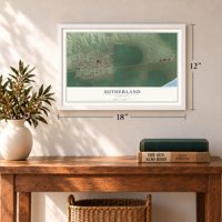 Sutherland, Nebraska map, 12 x 18 inch print in a white frame in an entryway