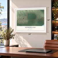 Sutherland, Nebraska map, 18 x 24 inch print in a white frame in a home office